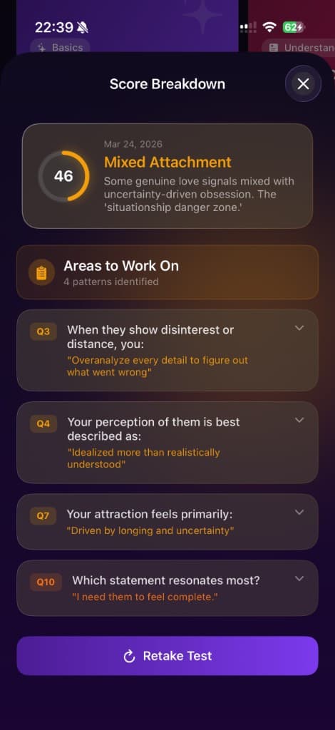 MoveOn limerence quiz score breakdown with attachment style and areas to work on